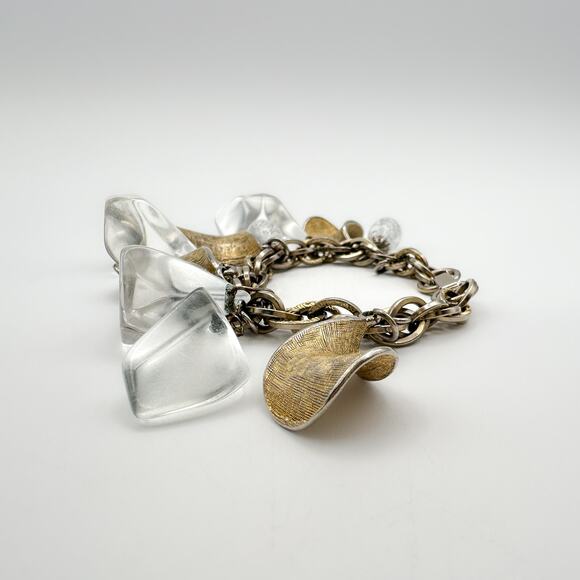 Coro 1960s Charm Bracelet Lucite Moon Rock Textured Gold Plate Double Link - Picture 9 of 12